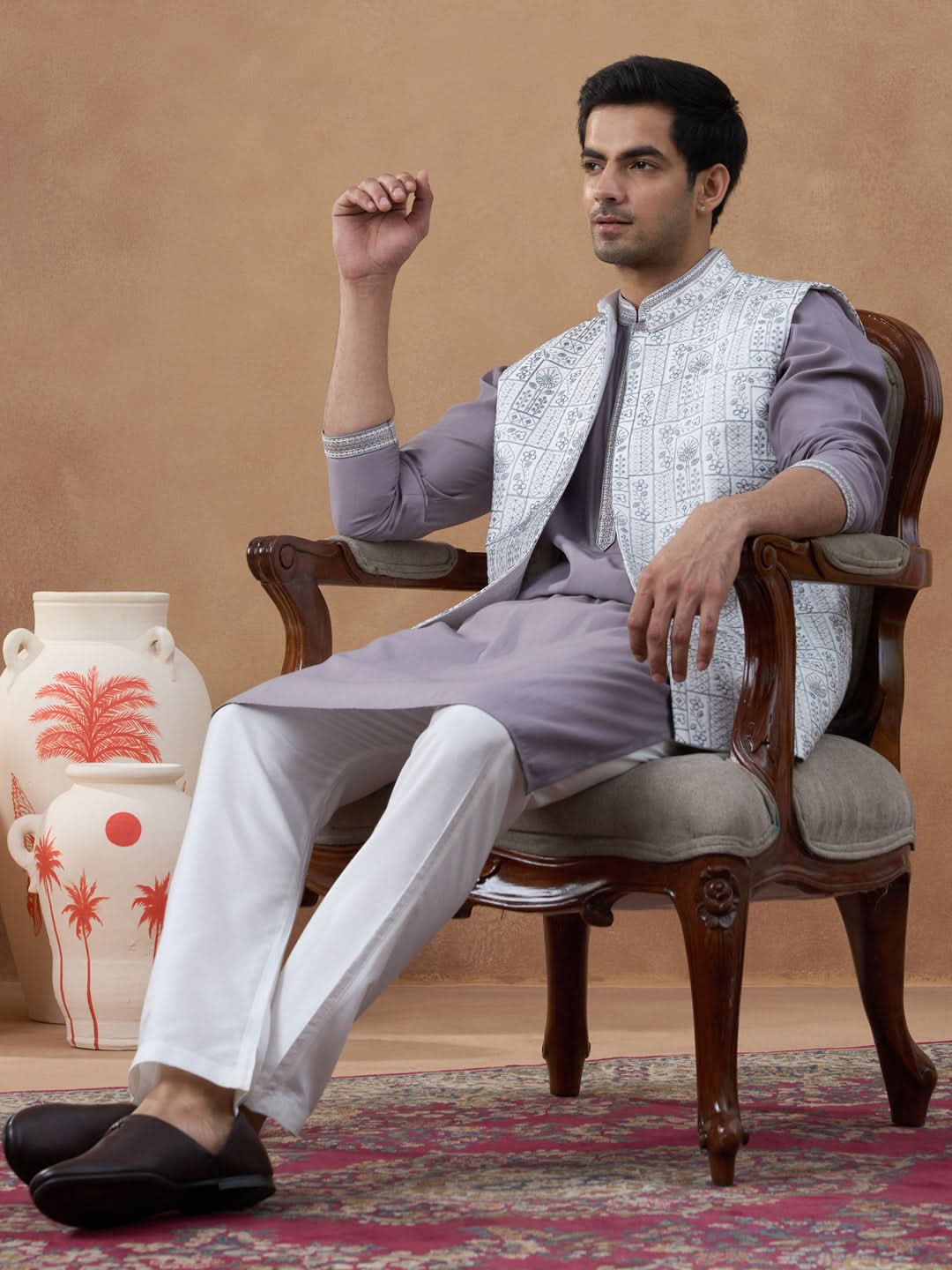 Grey Embroidered Jacket & Kurta Set
