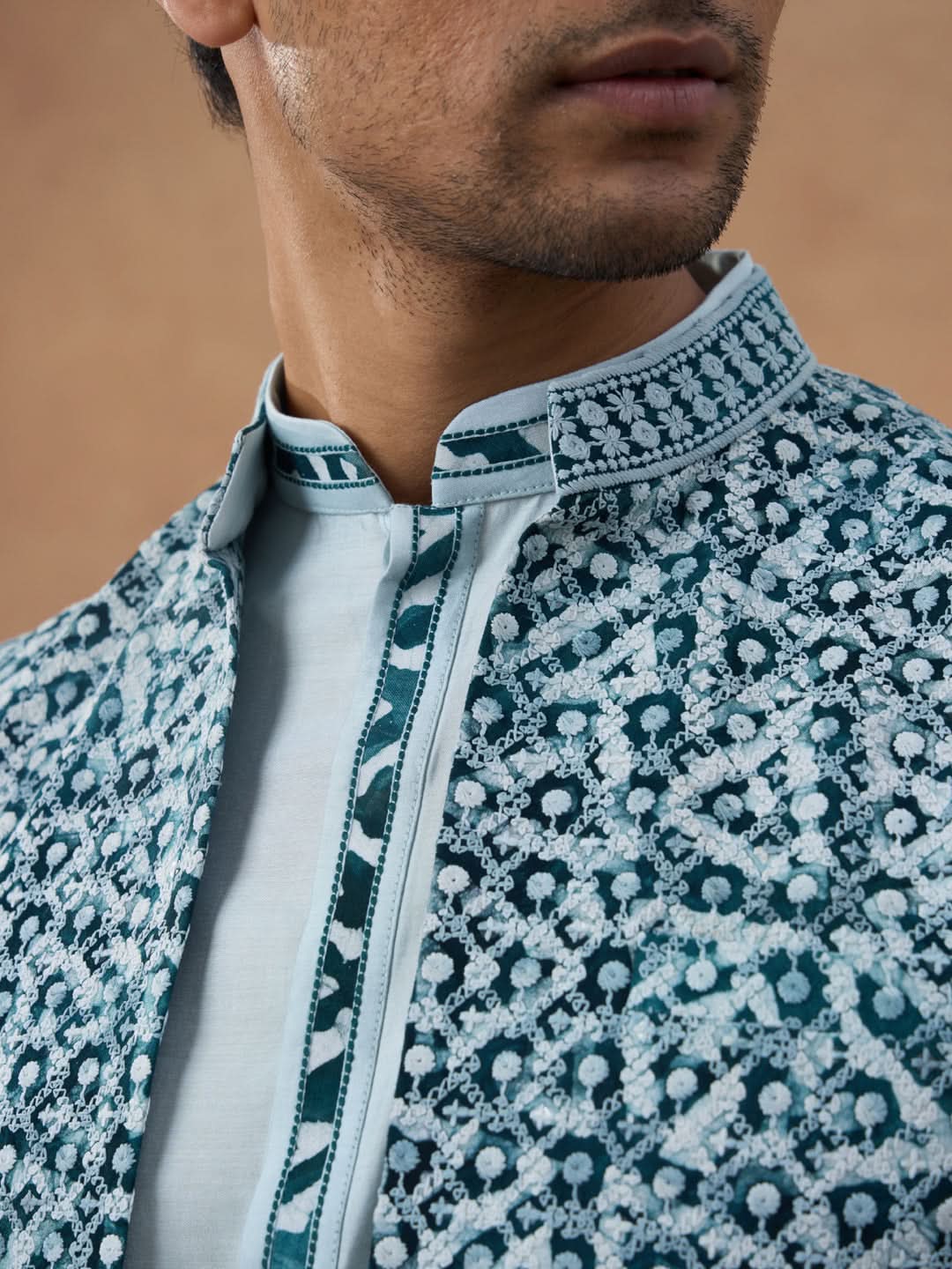 Light Blue Ikat Print Bundi With Kurta Set