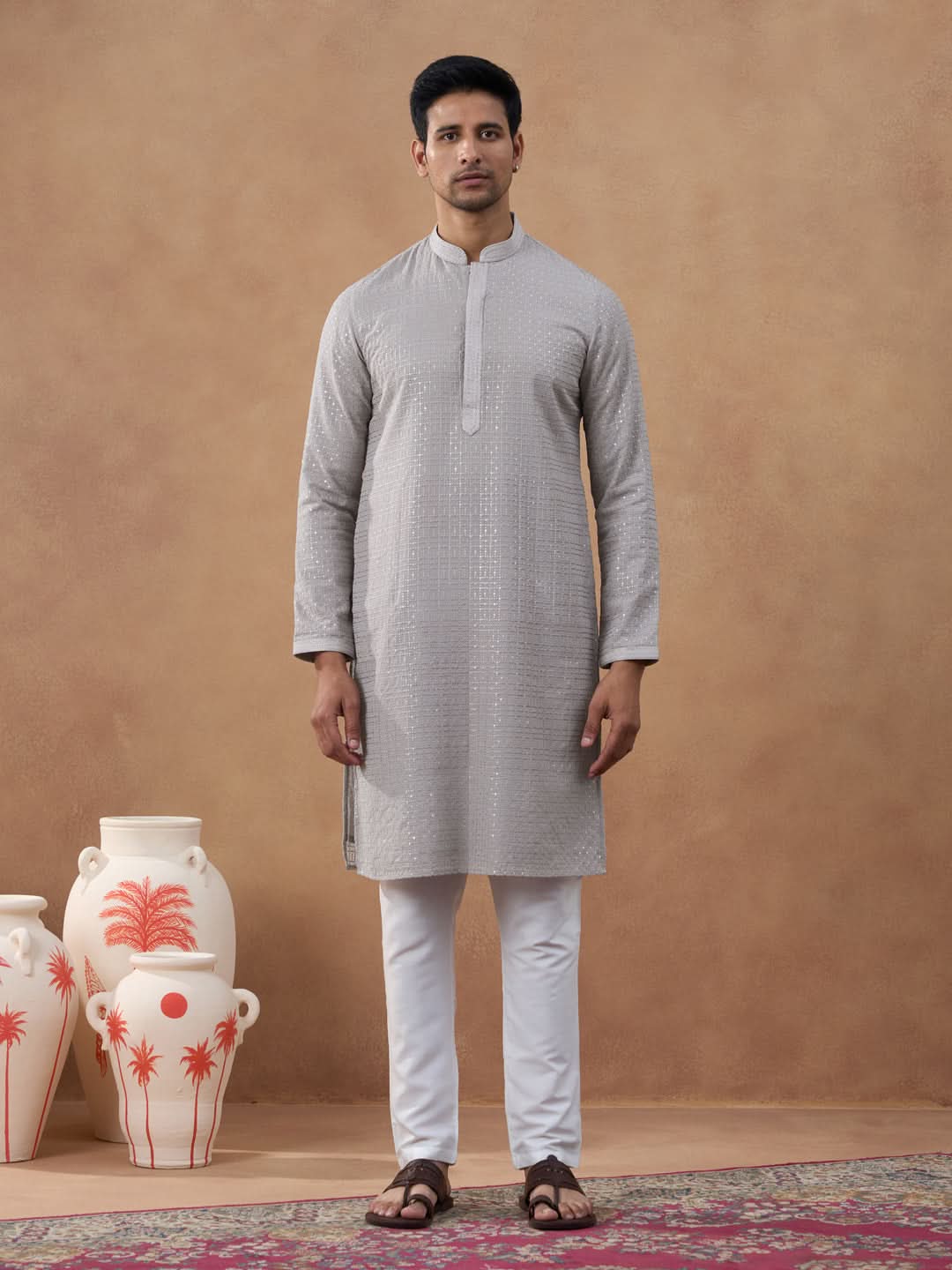 Grey Self-Texture Sequin Kurta Set