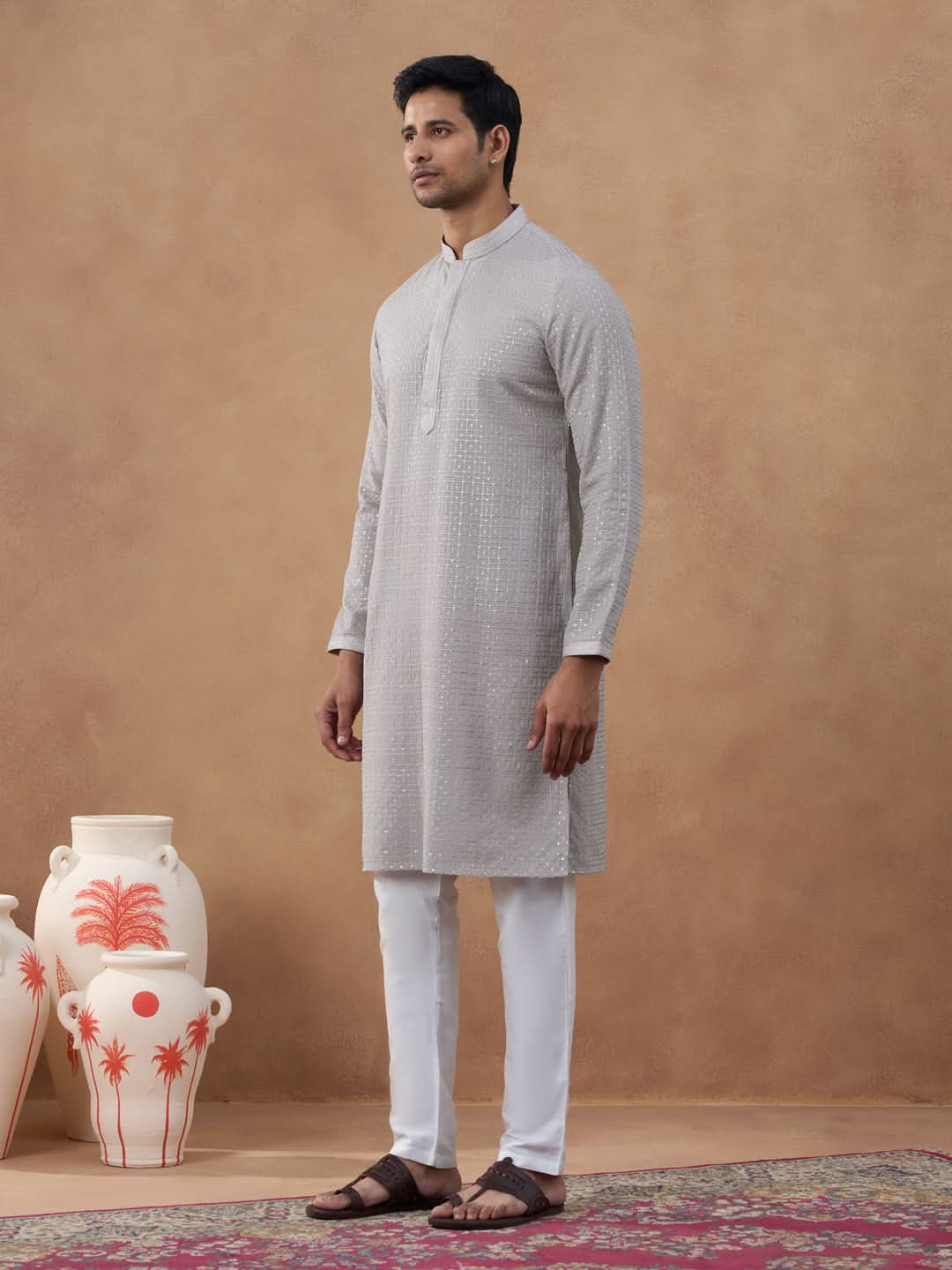 Grey Self-Texture Sequin Kurta Set