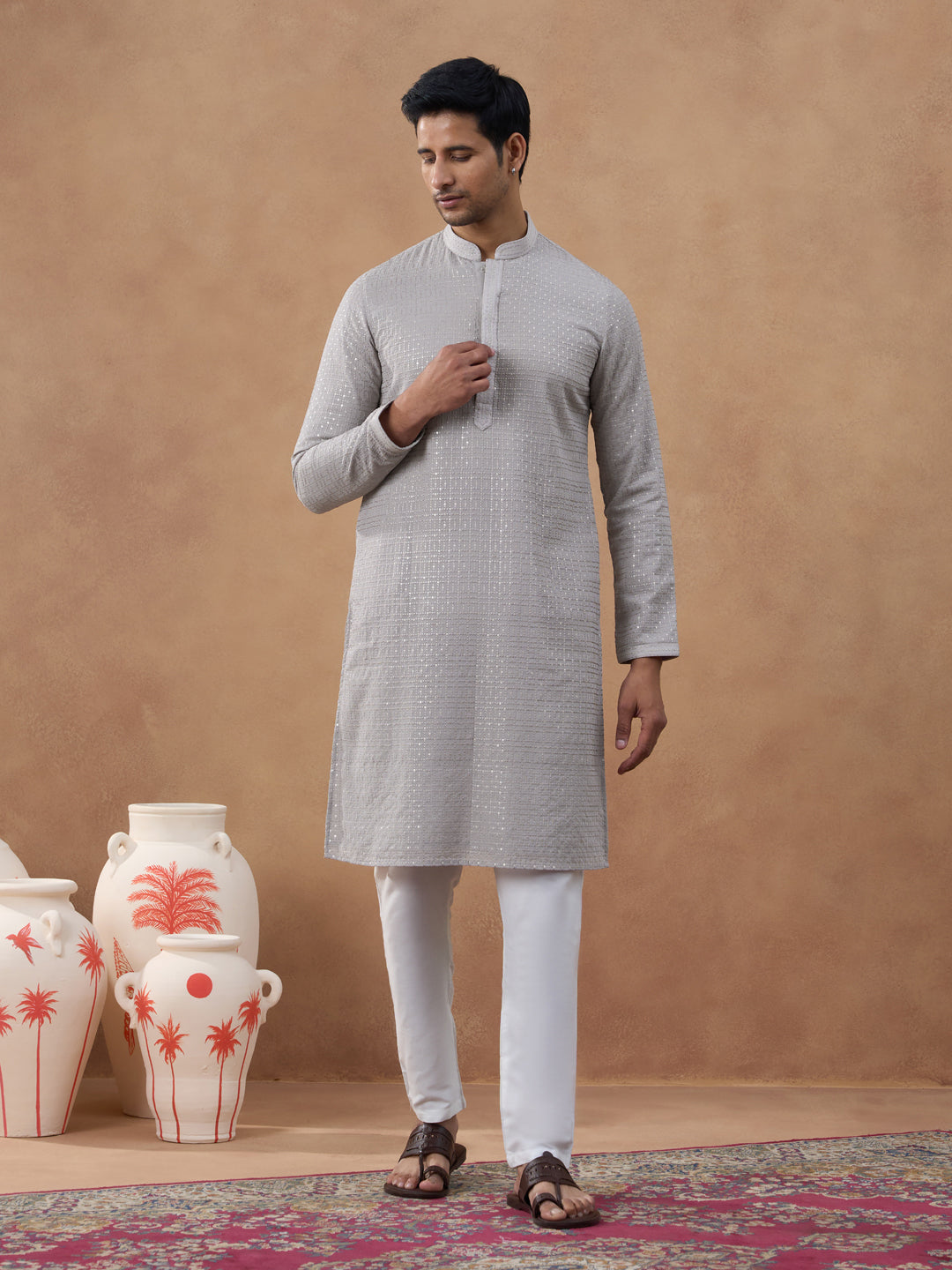 Grey Self-Texture Sequin Kurta Set