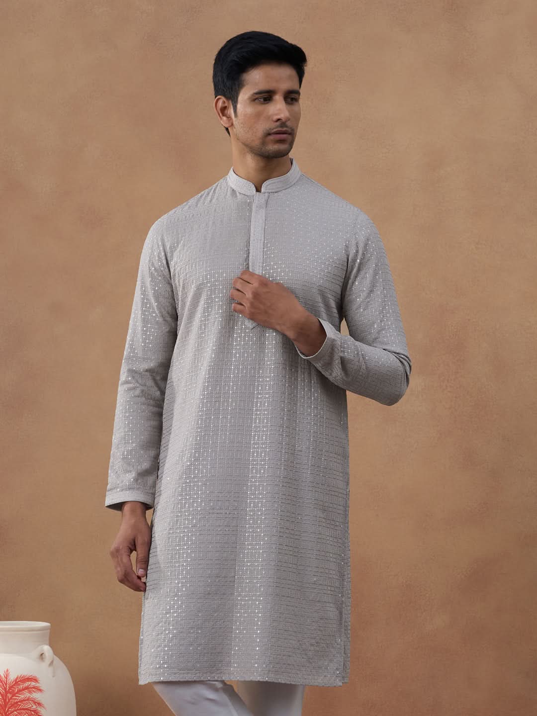 Grey Self-Texture Sequin Kurta Set