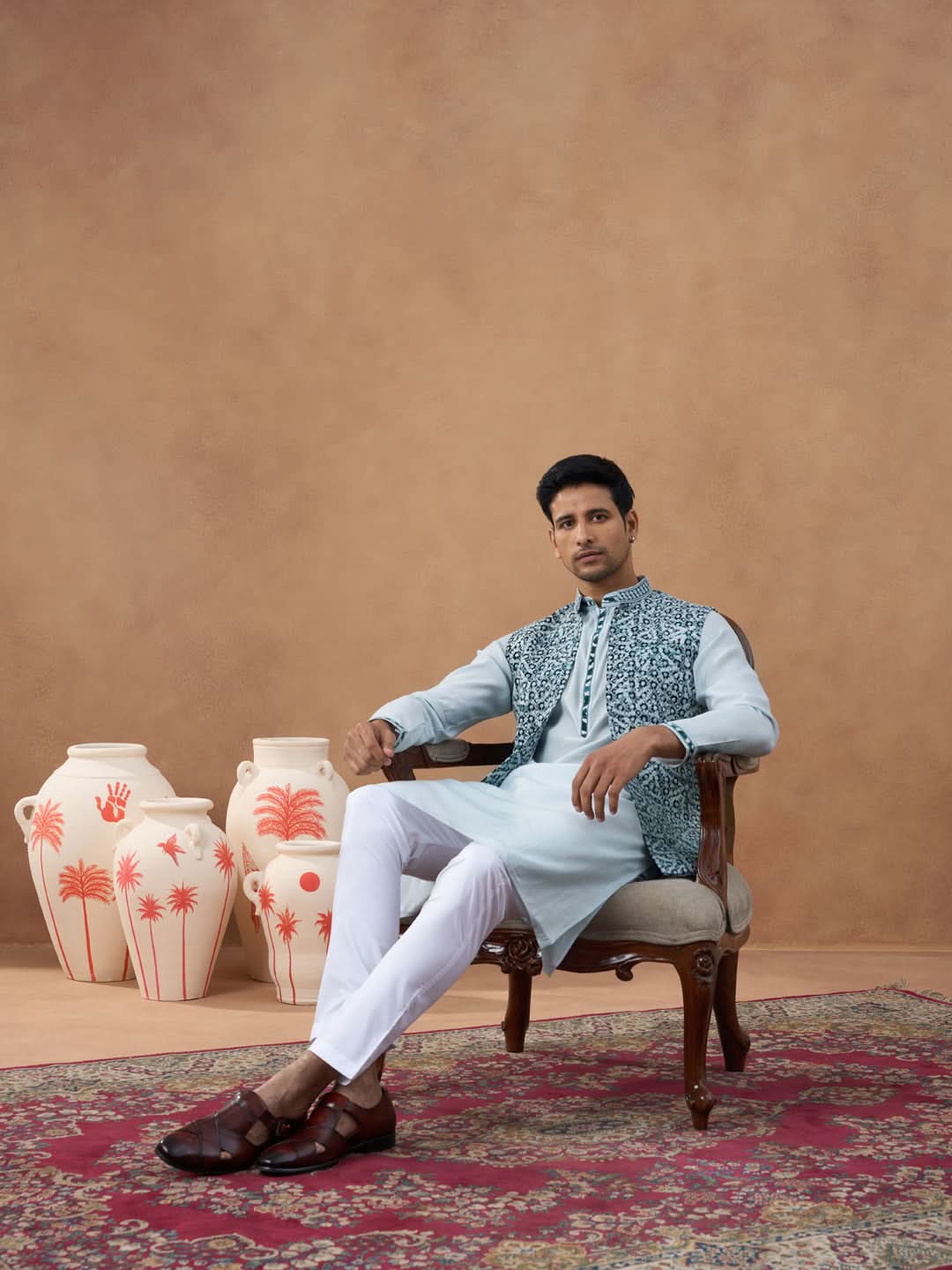 Light Blue Ikat Print Bundi With Kurta Set