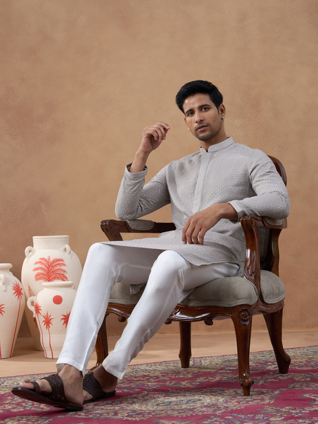 Grey Self-Texture Sequin Kurta Set