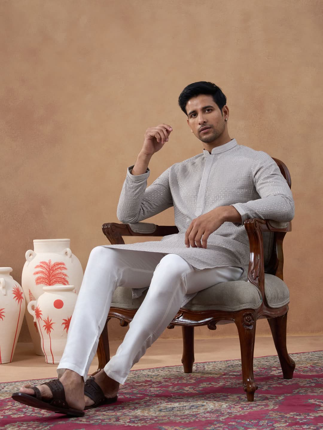 Grey Self-Texture Sequin Kurta Set