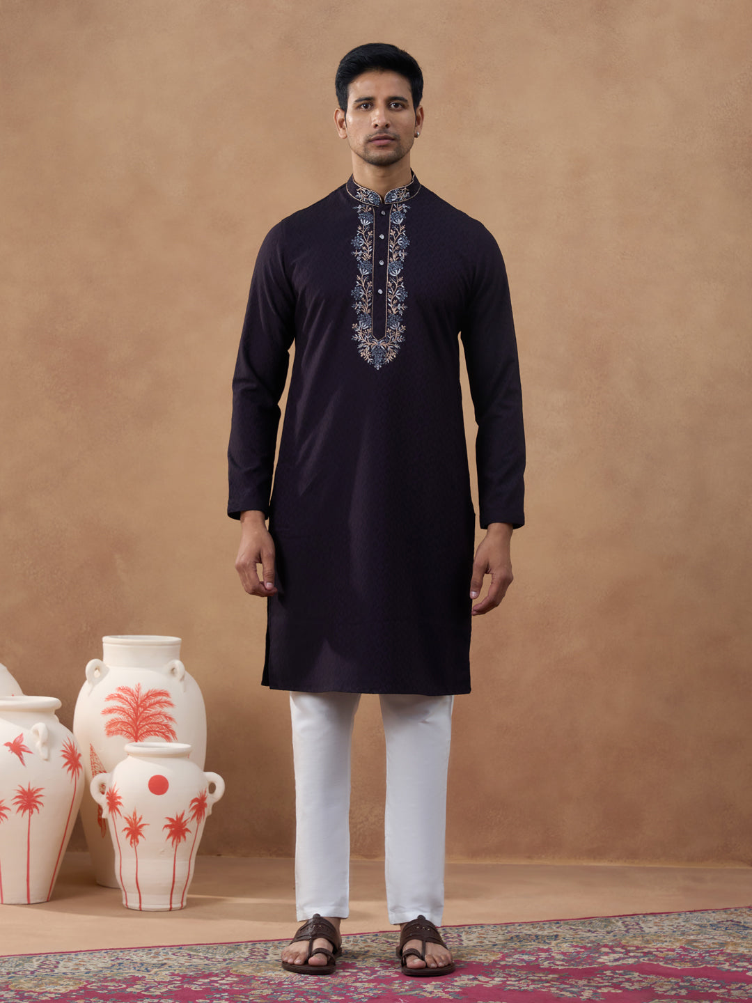 Dark Chocolate Brown Embroidery Kurta Set