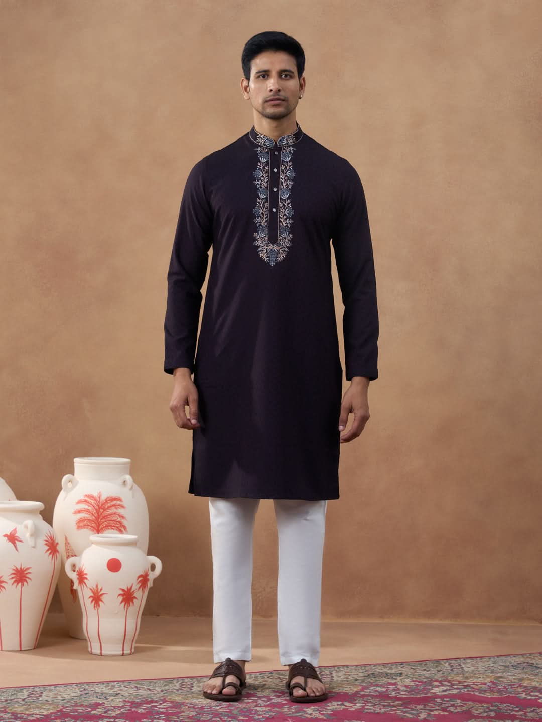Dark Chocolate Brown Embroidery Kurta Set