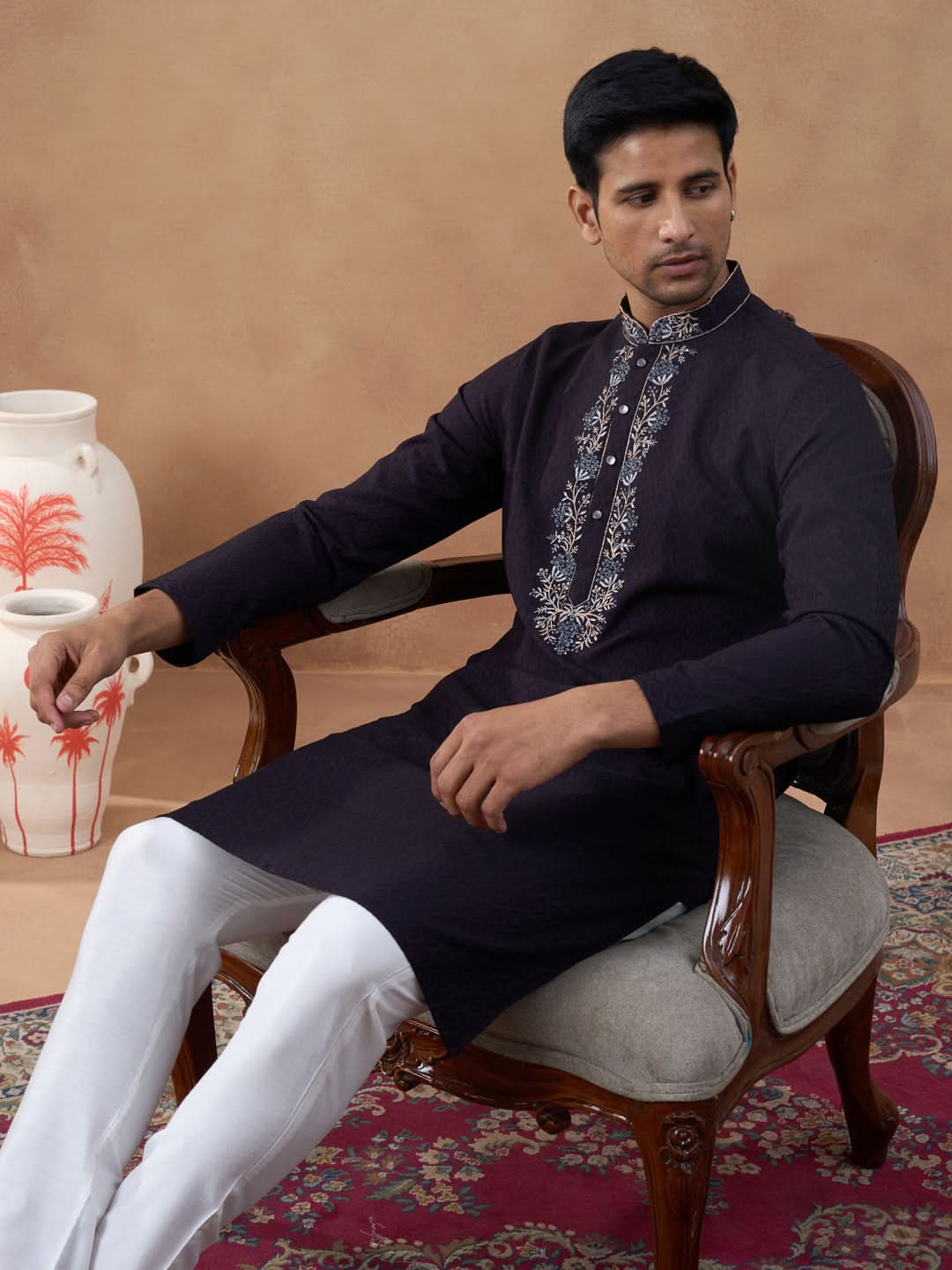 Dark Chocolate Brown Embroidery Kurta Set