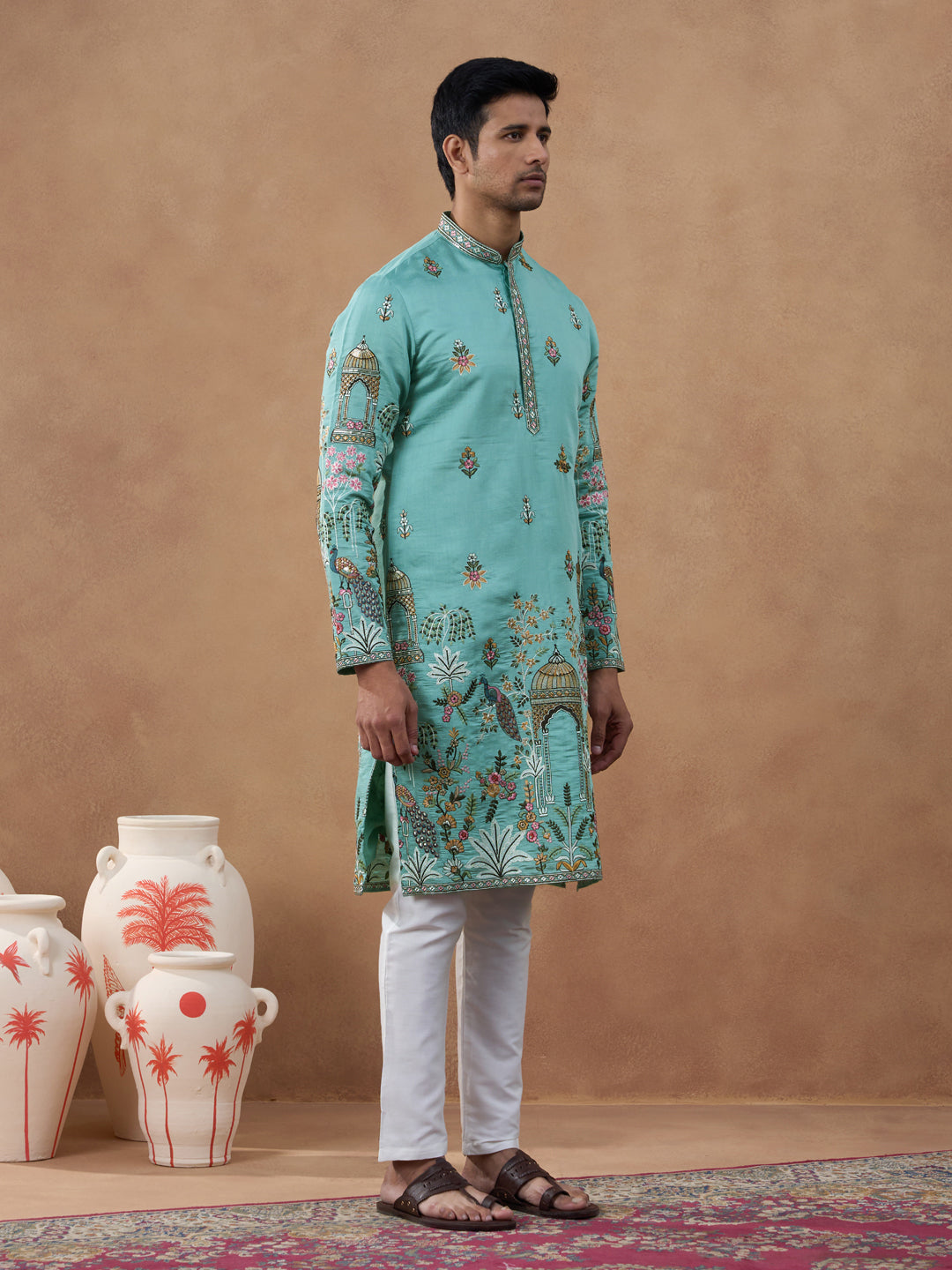 Aqua Green Heritage Embroidered Kurta Set