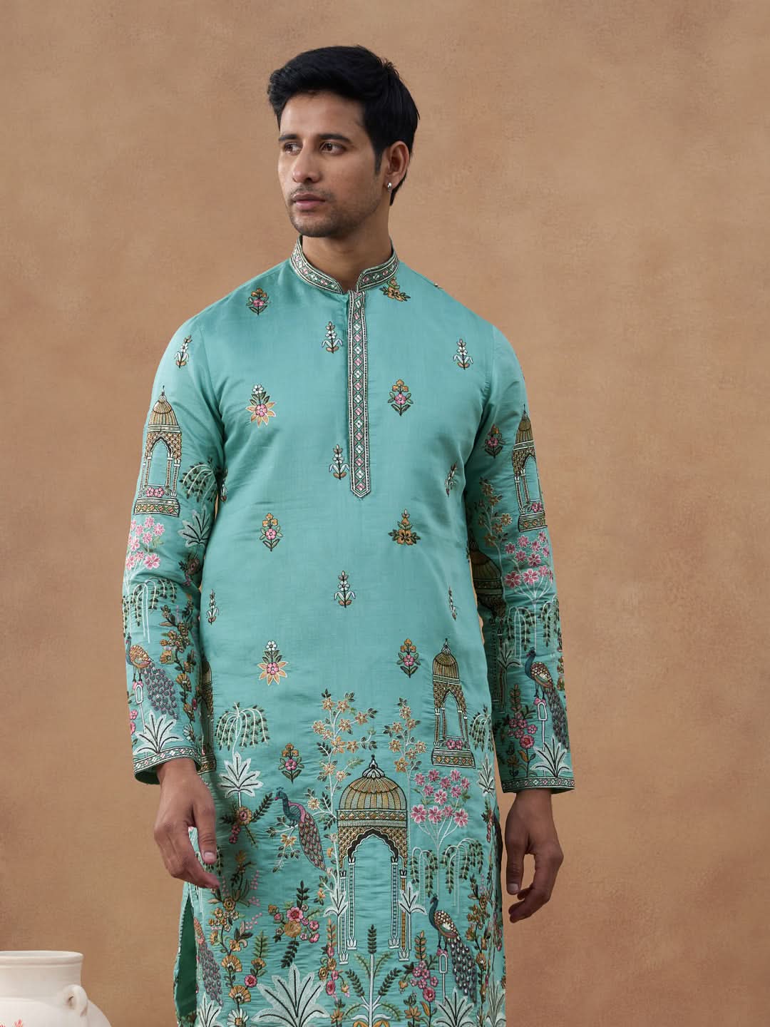 Aqua Green Heritage Embroidered Kurta Set