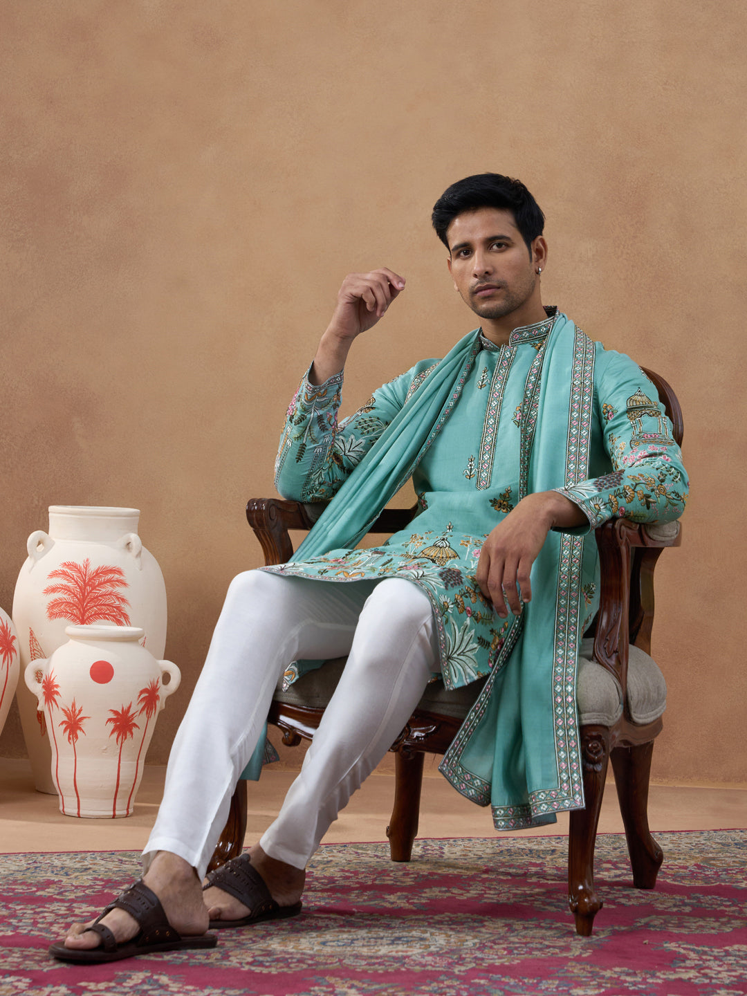 Aqua Green Heritage Embroidered Kurta Set