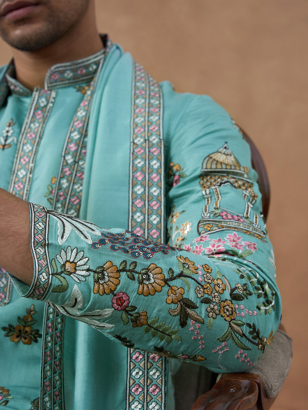 Aqua Green Heritage Embroidered Kurta Set