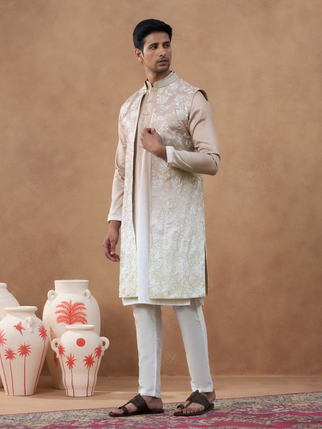 Beige Embroidered Long Jacket Kurta Set