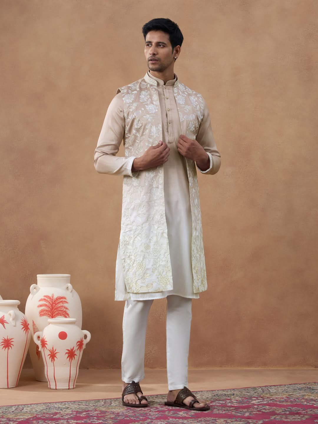 Beige Embroidered Long Jacket Kurta Set