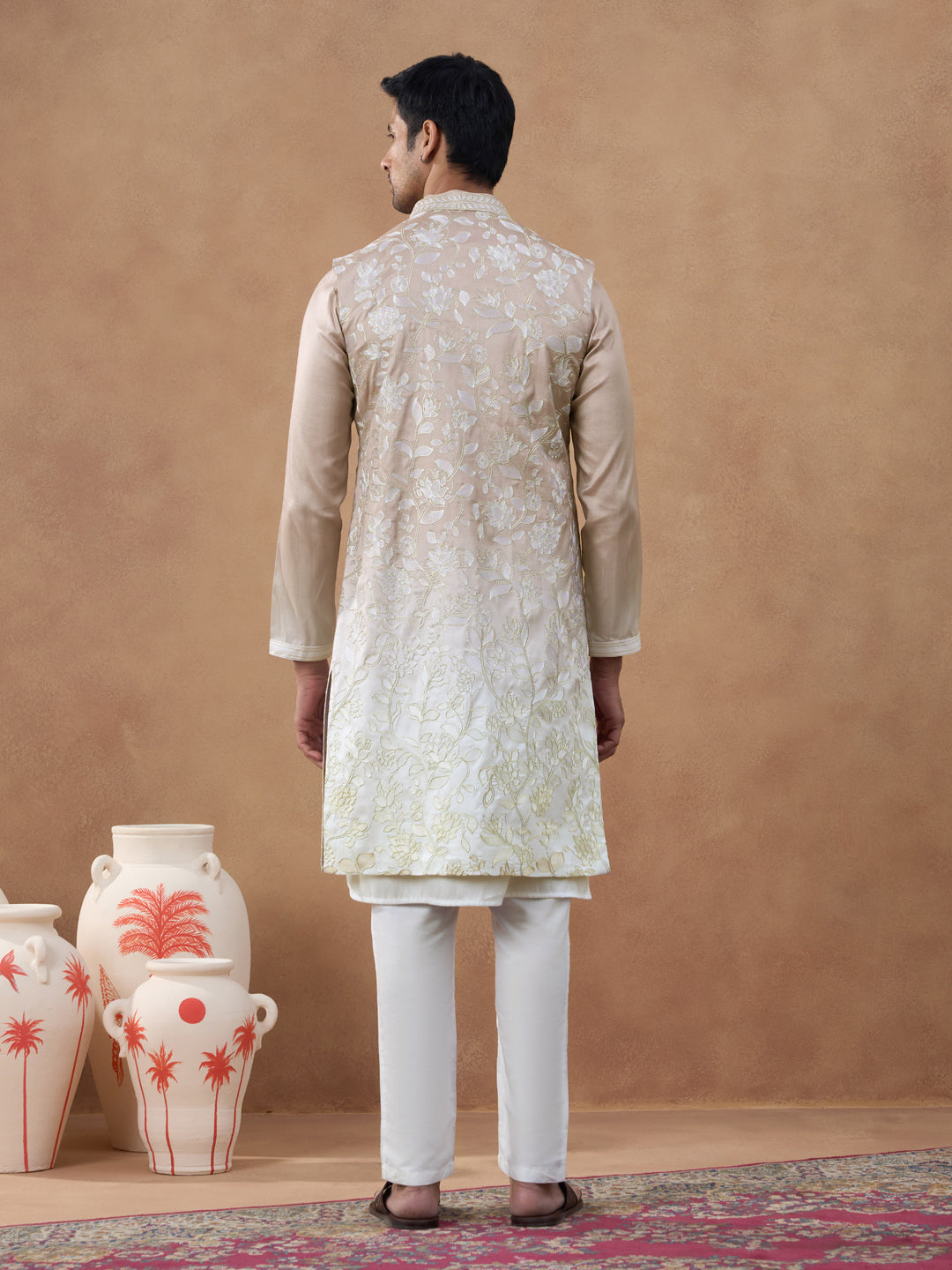 Beige Embroidered Long Jacket Kurta Set
