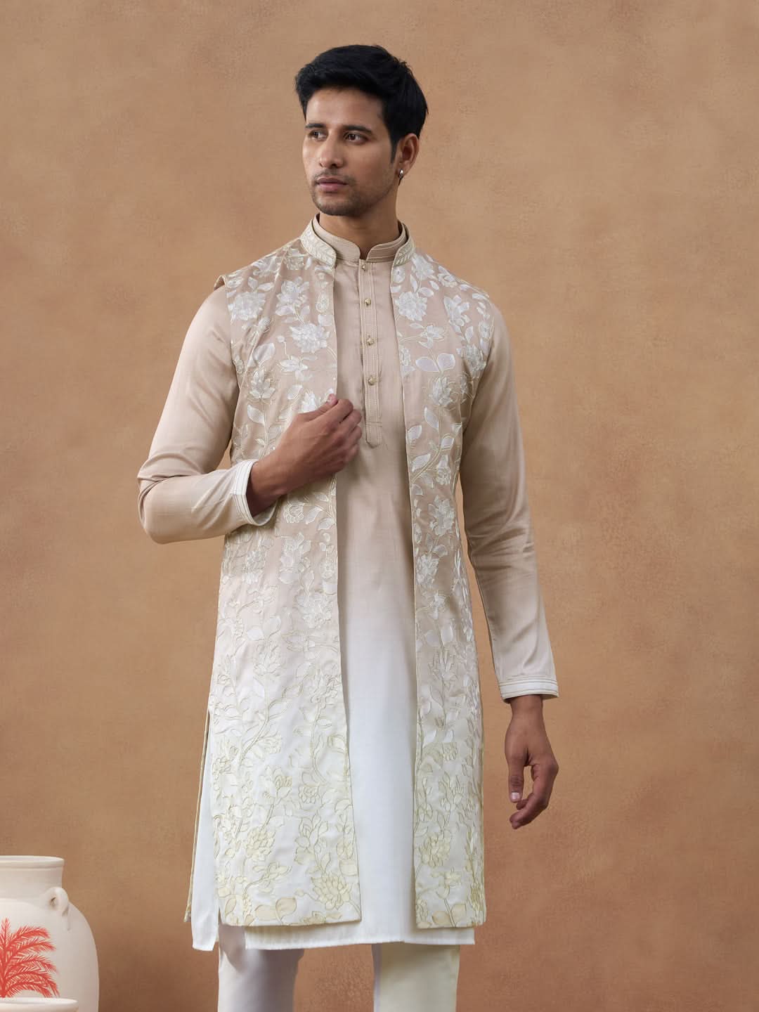Beige Embroidered Long Jacket Kurta Set