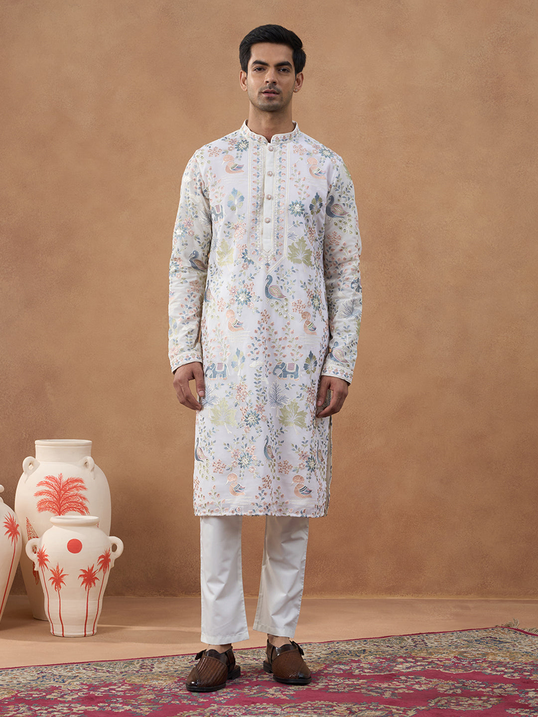 Cream Floral Embroidered Kurta Set