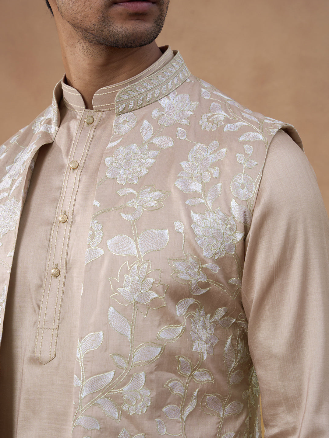 Beige Embroidered Long Jacket Kurta Set