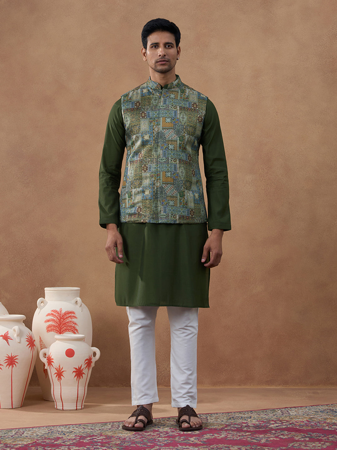 Green Printed Bundi Kurta Set