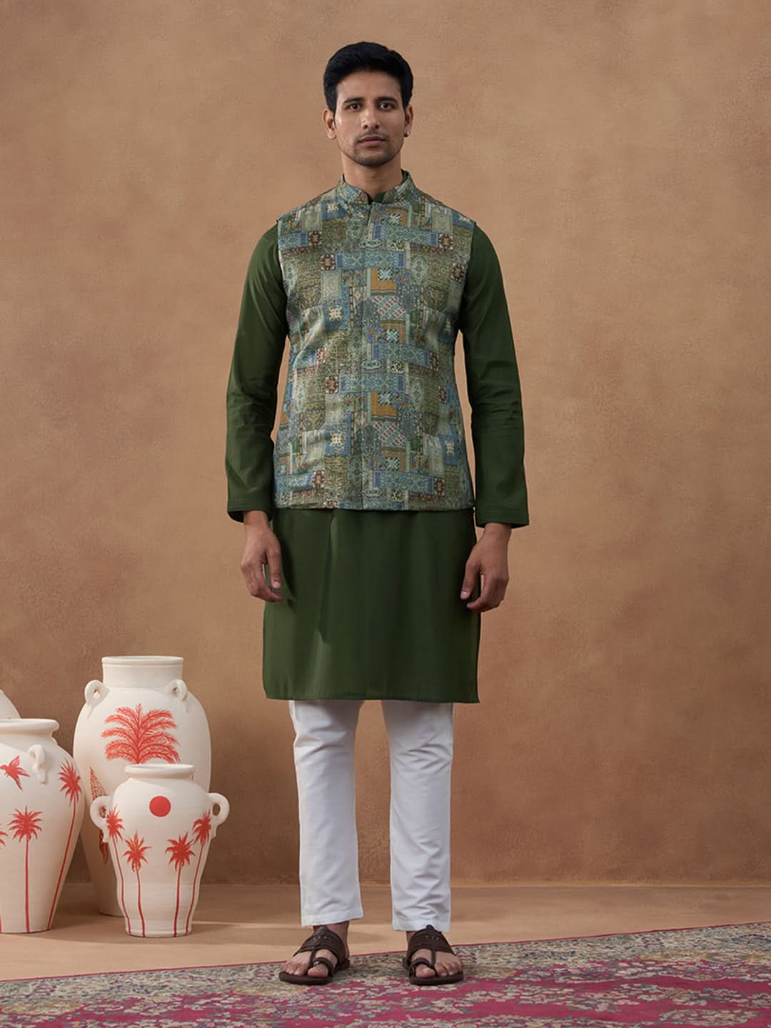 Green Printed Bundi Kurta Set