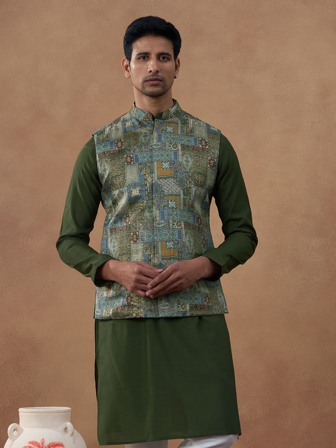 Green Printed Bundi Kurta Set