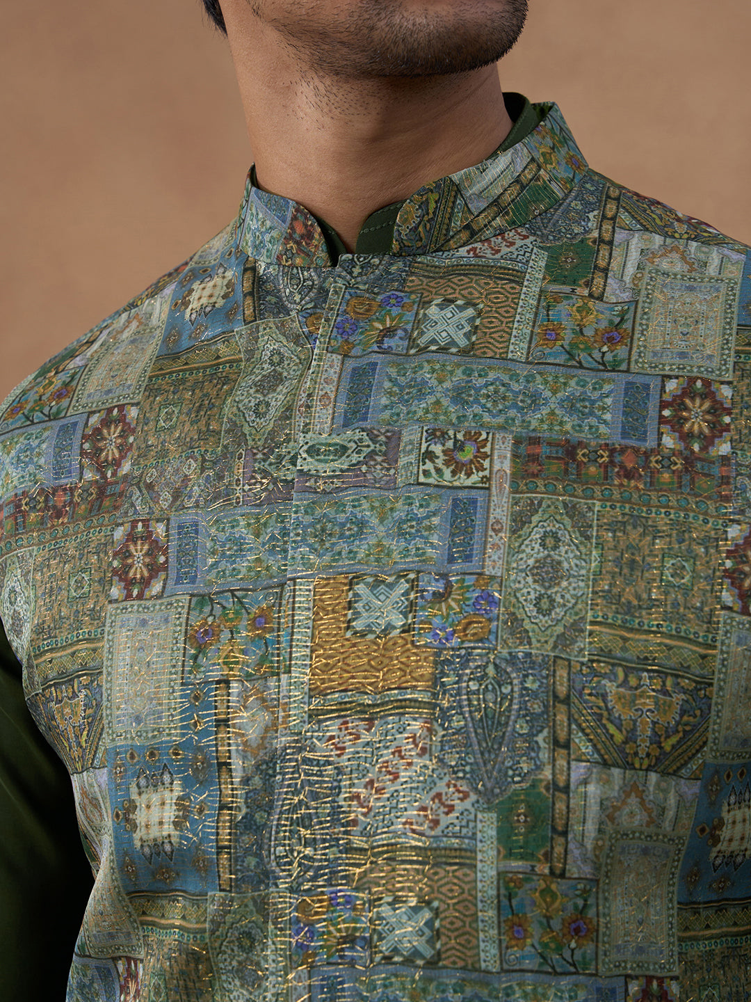 Green Printed Bundi Kurta Set