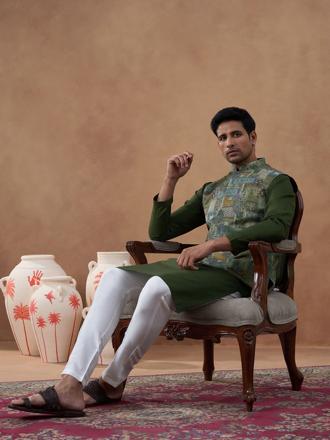 Green Printed Bundi Kurta Set