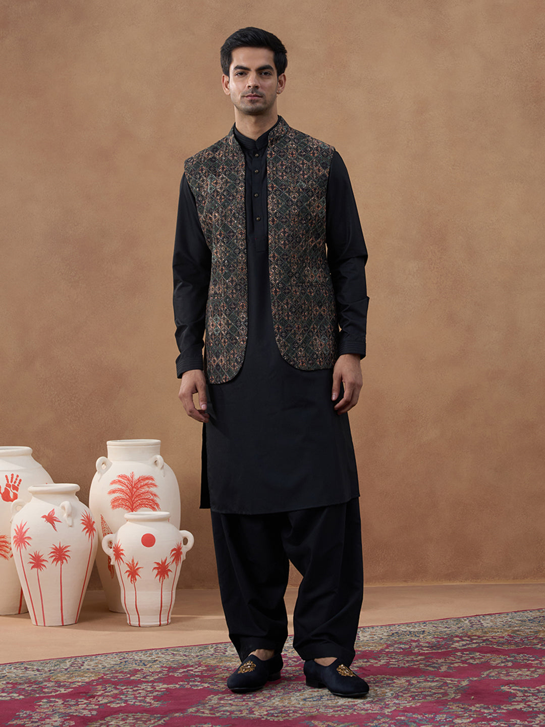 Multi-Colour Green Bundi with Classic Black Pathani Set