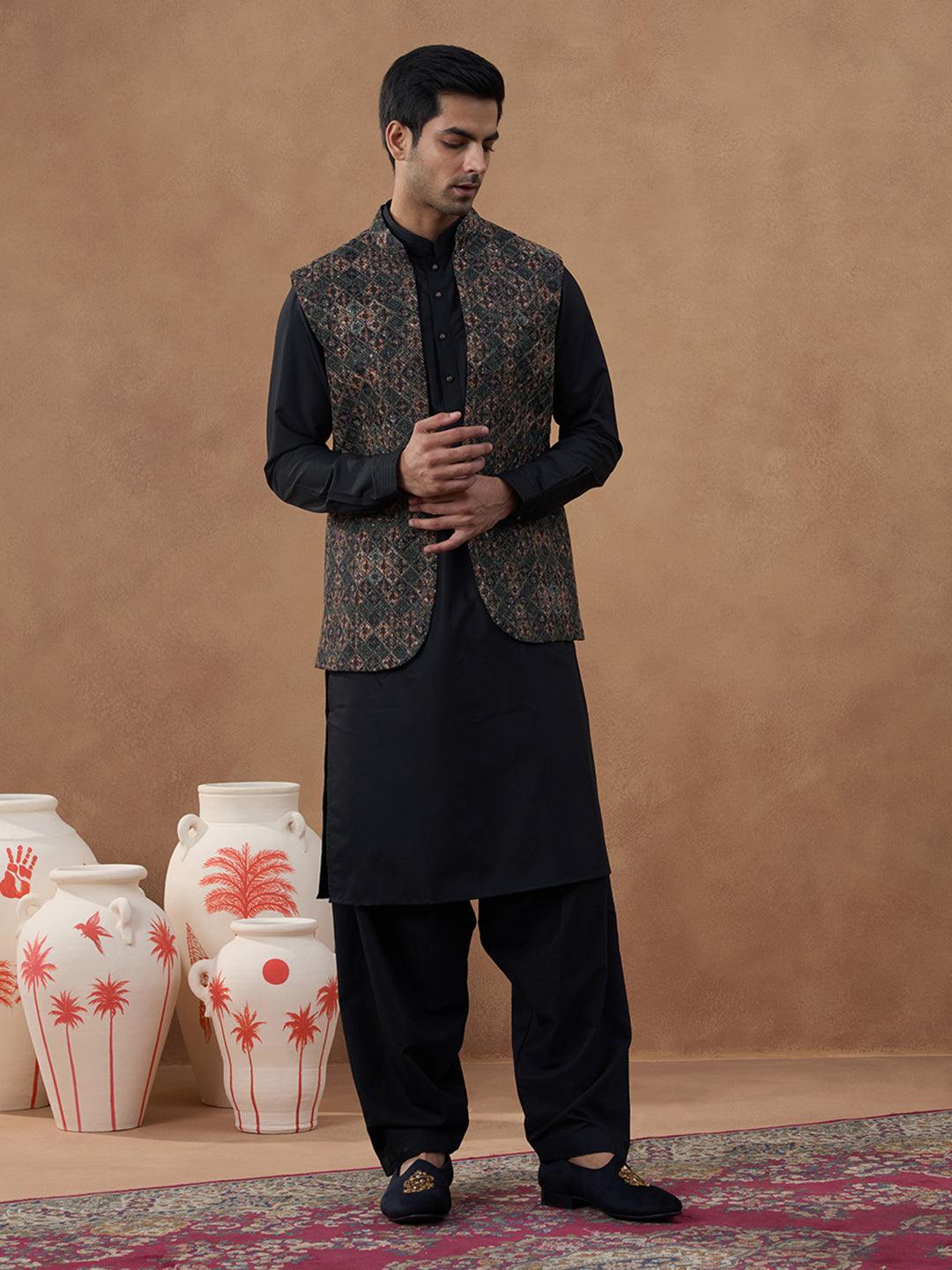 Multi-Colour Green Bundi with Classic Black Pathani Set