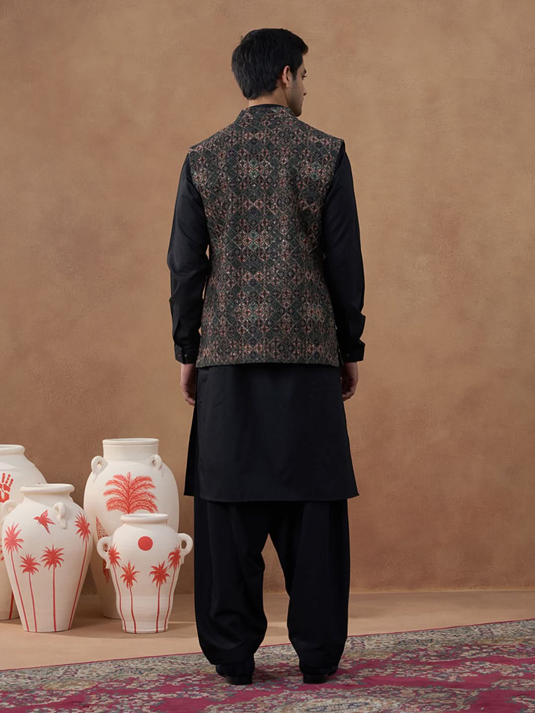 Multi-Colour Green Bundi with Classic Black Pathani Set