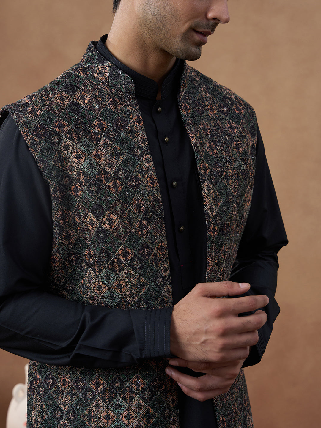 Multi-Colour Green Bundi with Classic Black Pathani Set