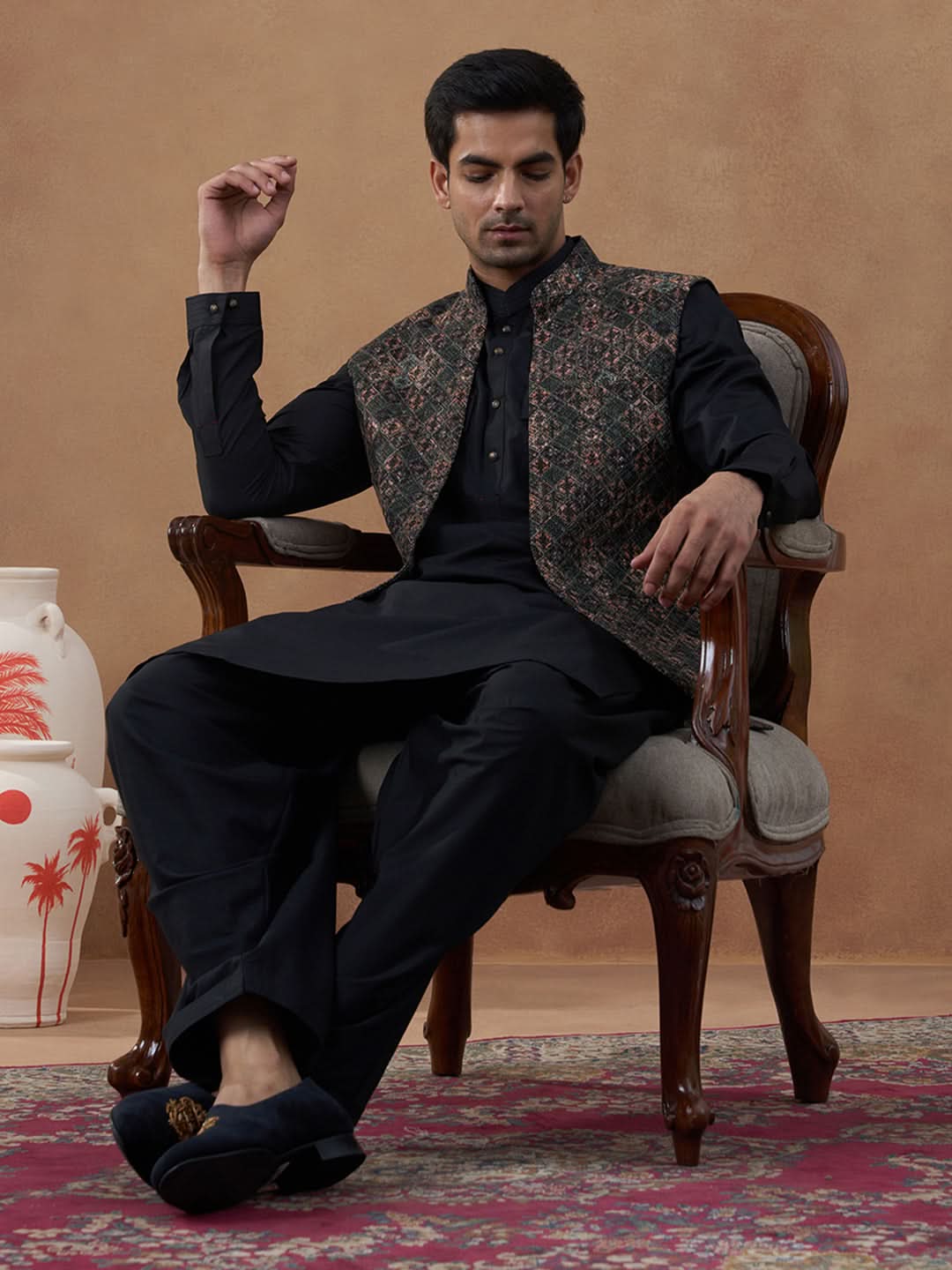 Multi-Colour Green Bundi with Classic Black Pathani Set