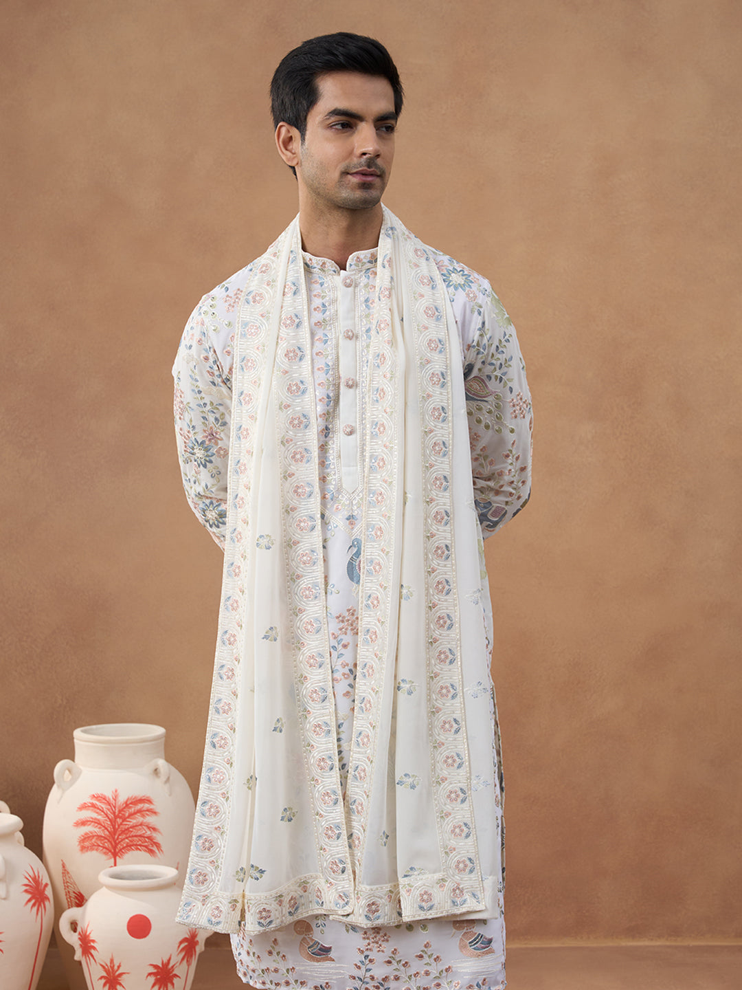 Cream Floral Embroidered Kurta Set