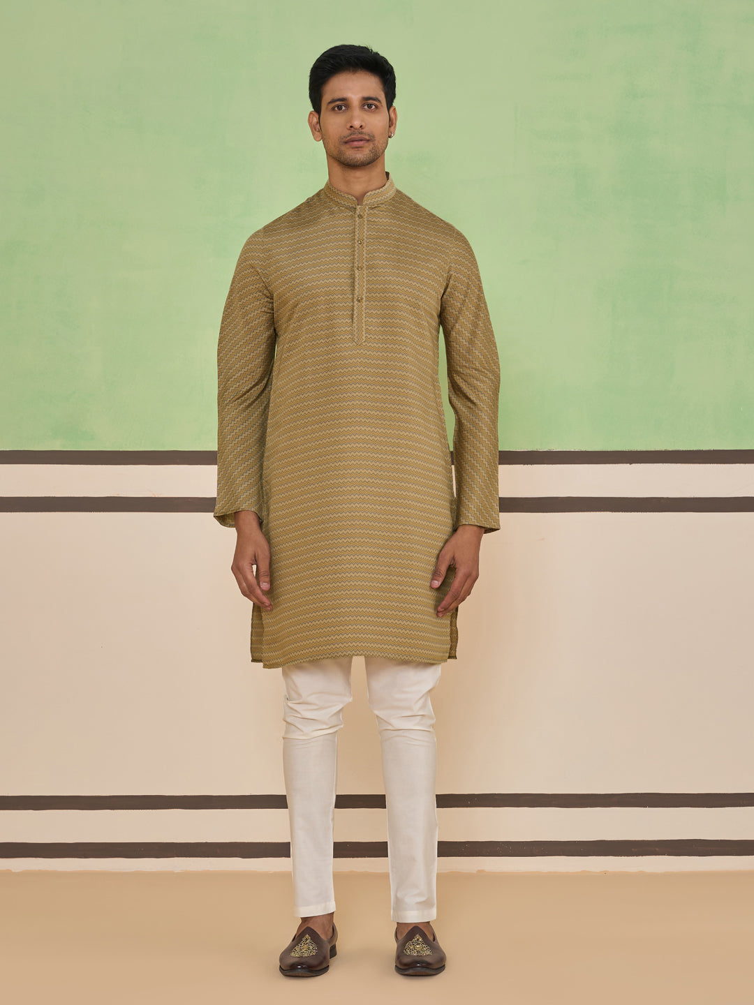 Brown Textured Striped Kurta Set