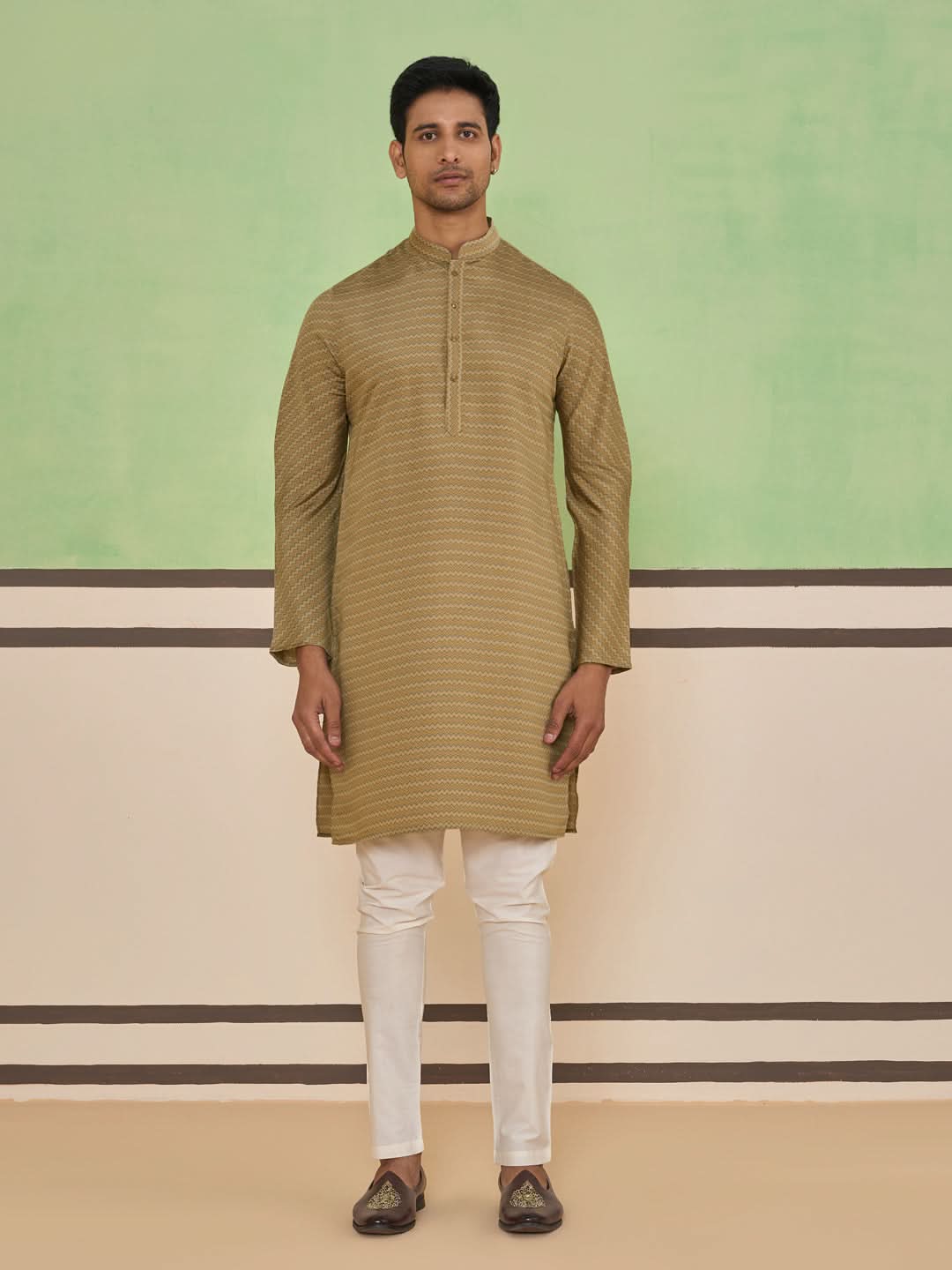 Brown Textured Striped Kurta Set