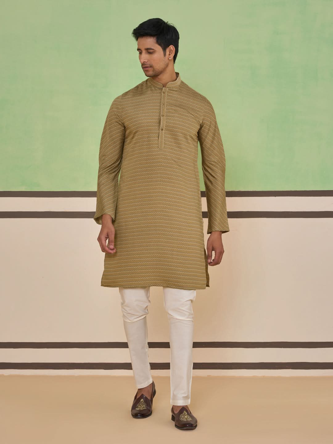 Brown Textured Striped Kurta Set