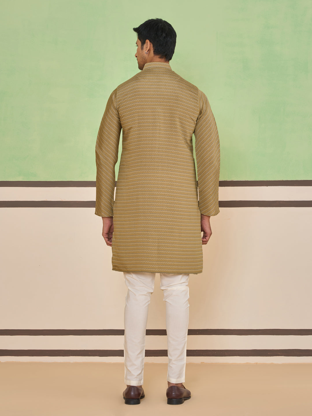 Brown Textured Striped Kurta Set