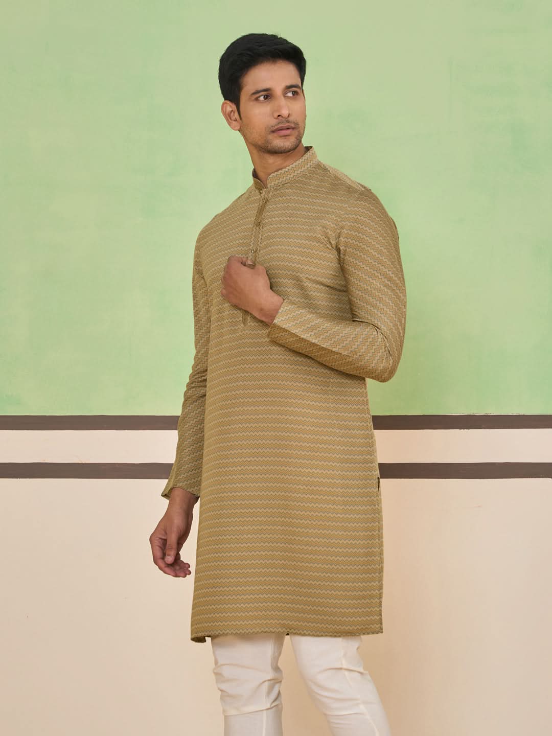 Brown Textured Striped Kurta Set