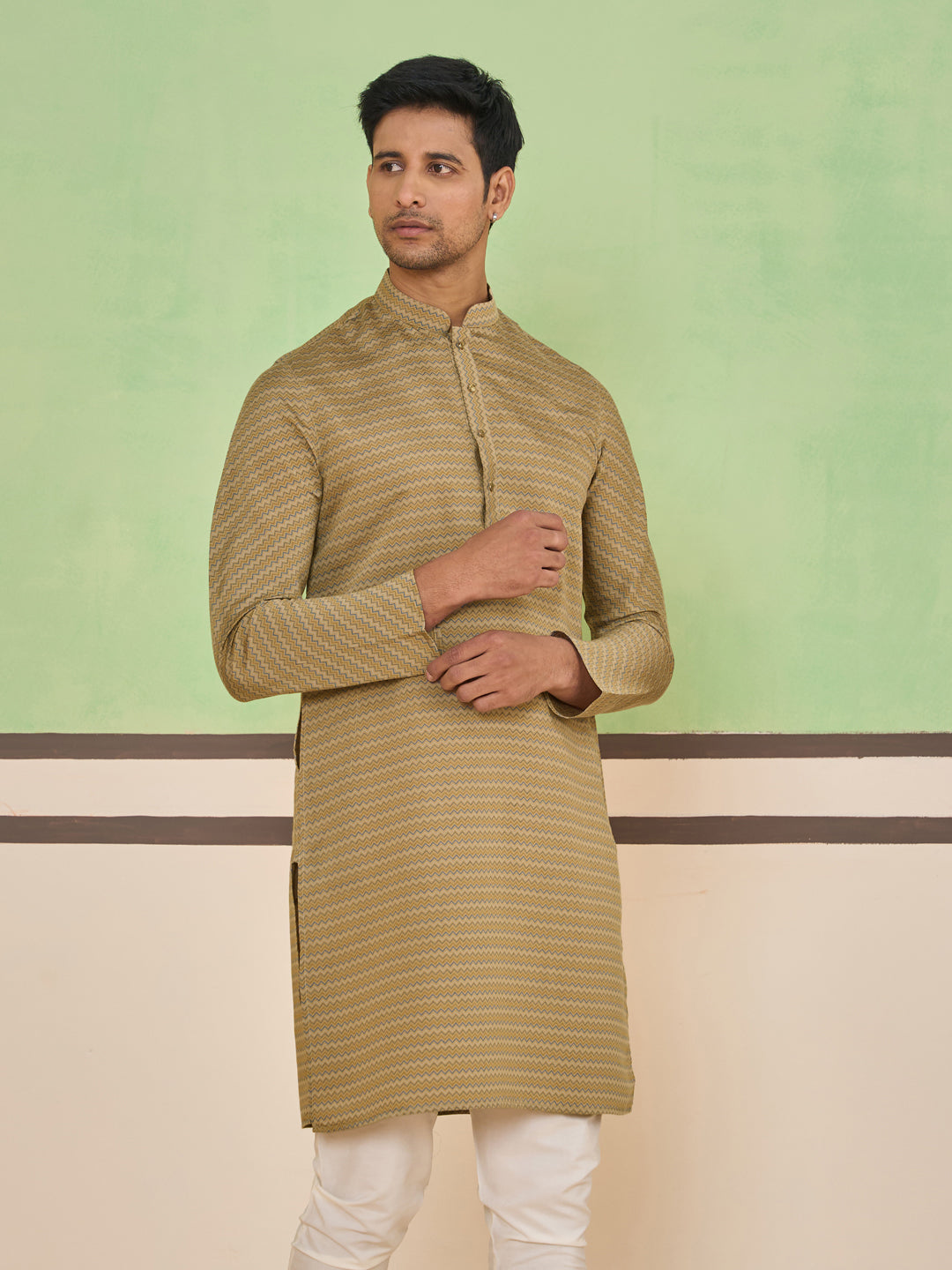 Brown Textured Striped Kurta Set