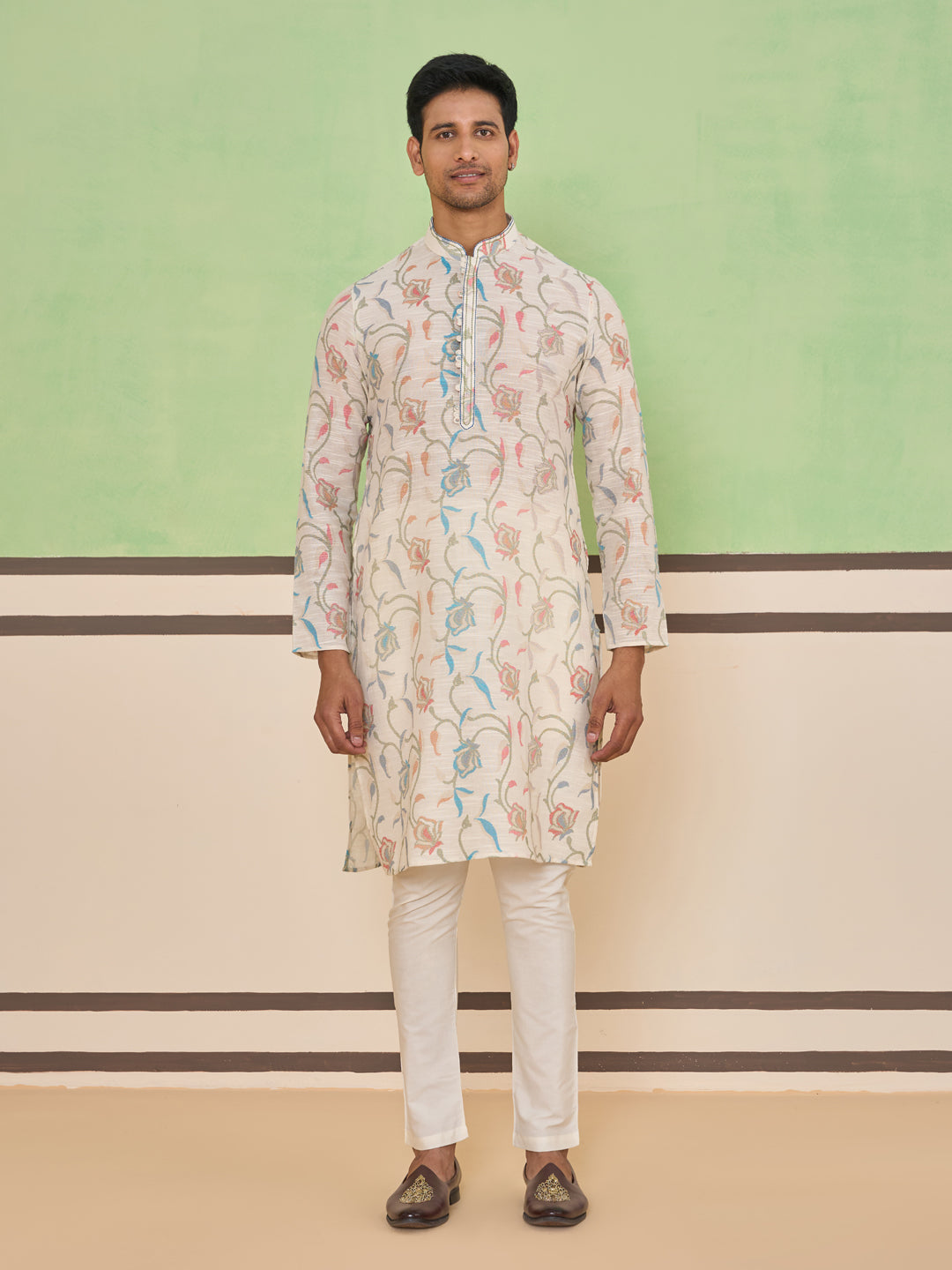 Cream Self Textured Kurta Set