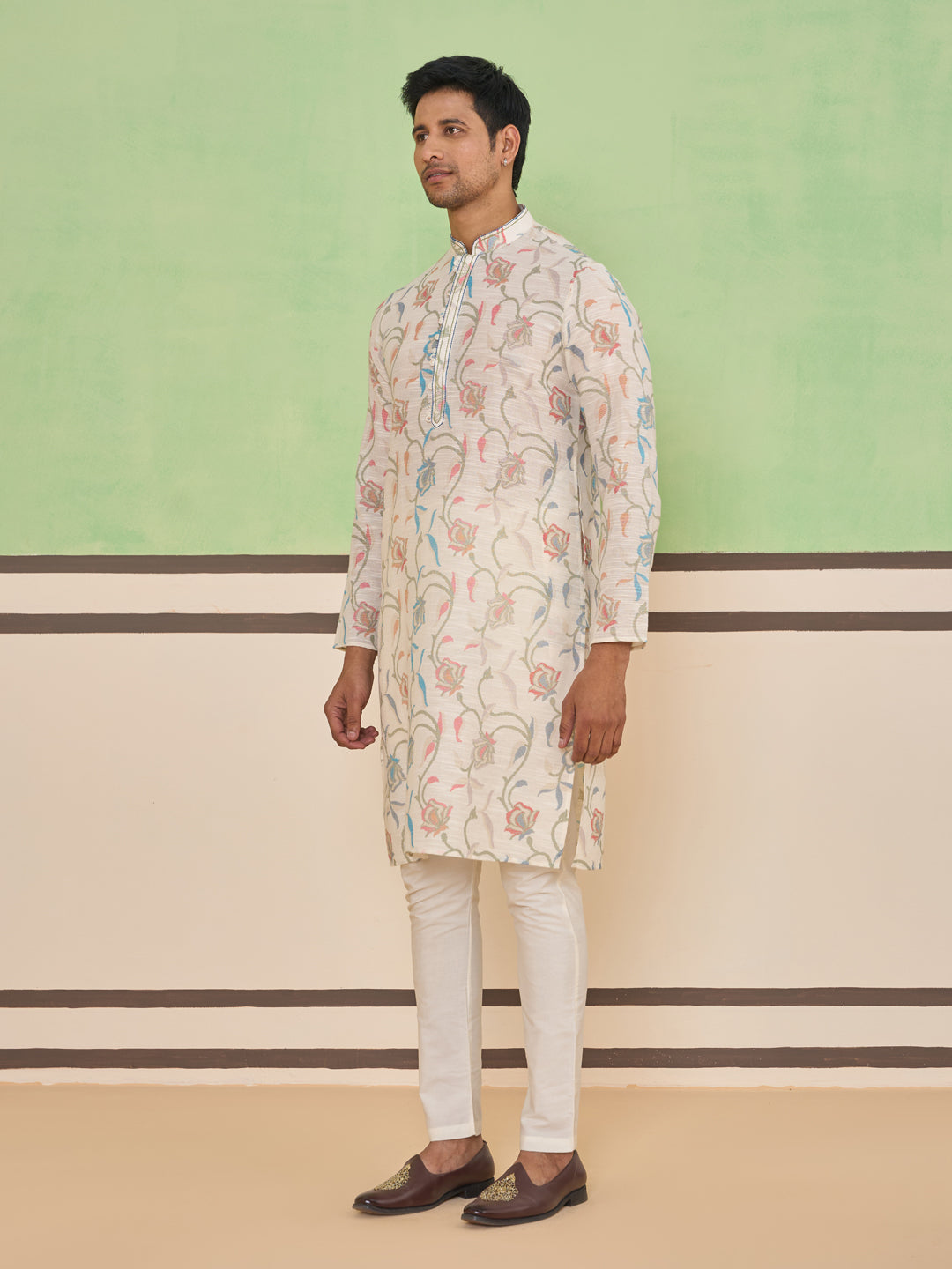 Cream Self Textured Kurta Set