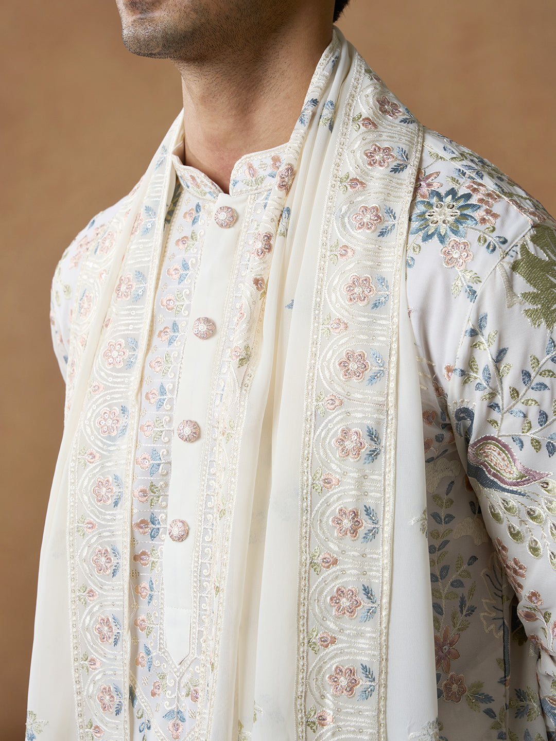 Cream Floral Embroidered Kurta Set