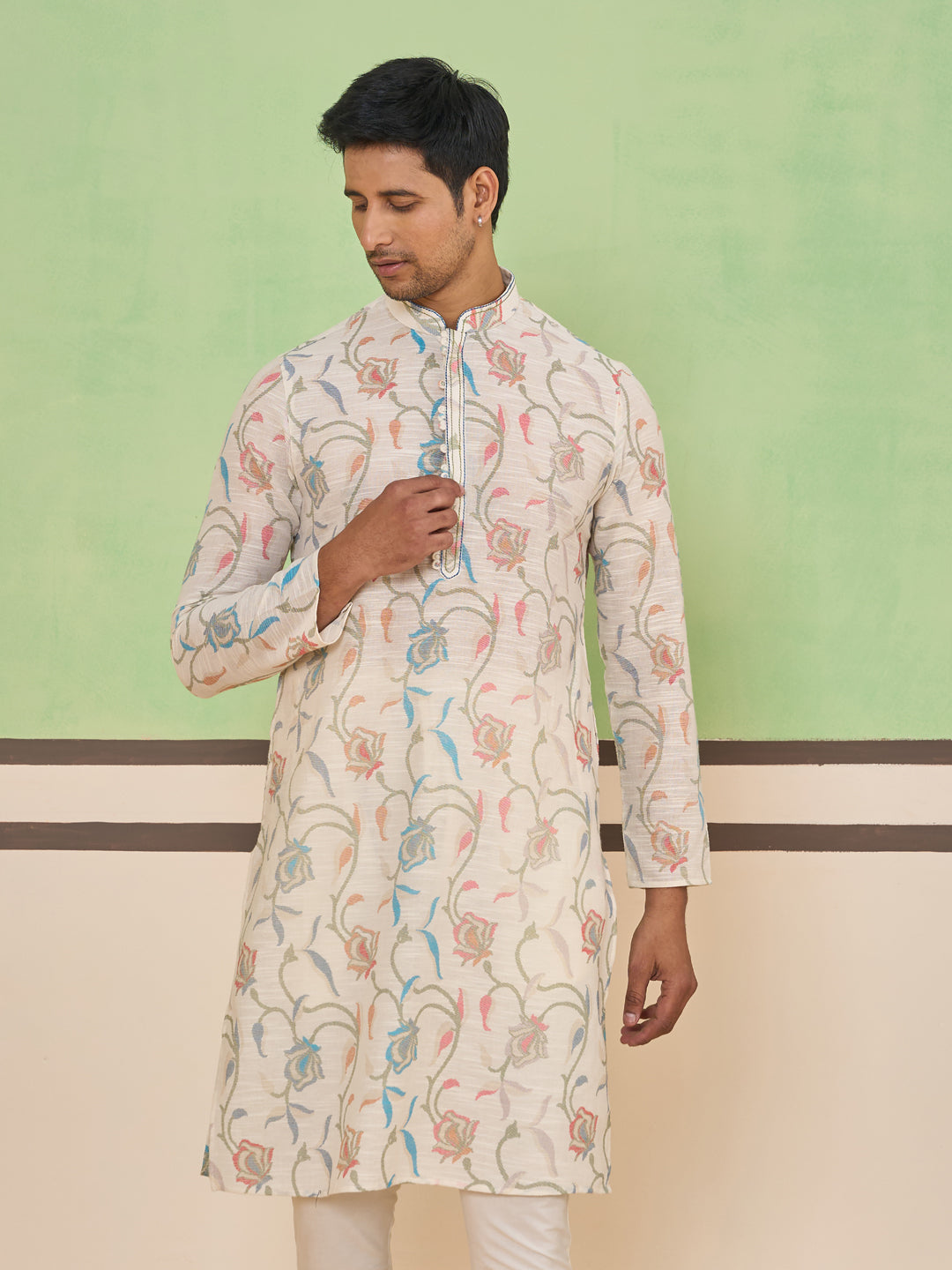 Cream Self Textured Kurta Set