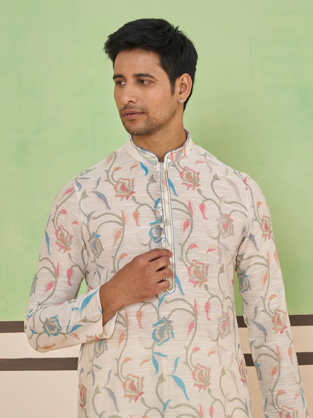 Cream Self Textured Kurta Set