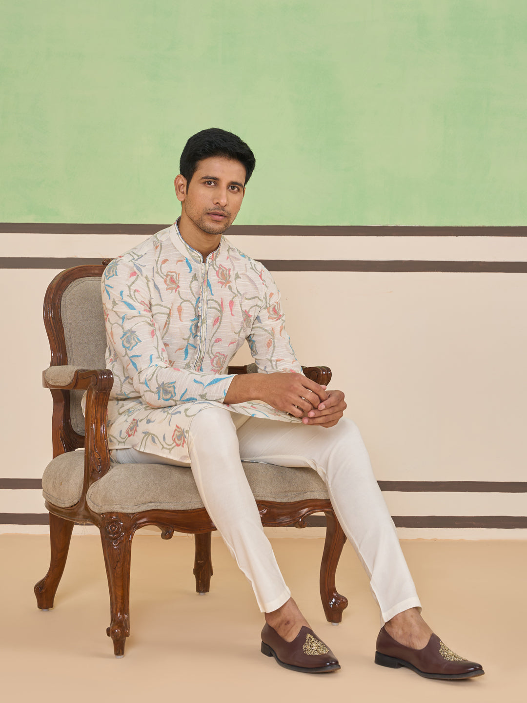 Cream Self Textured Kurta Set