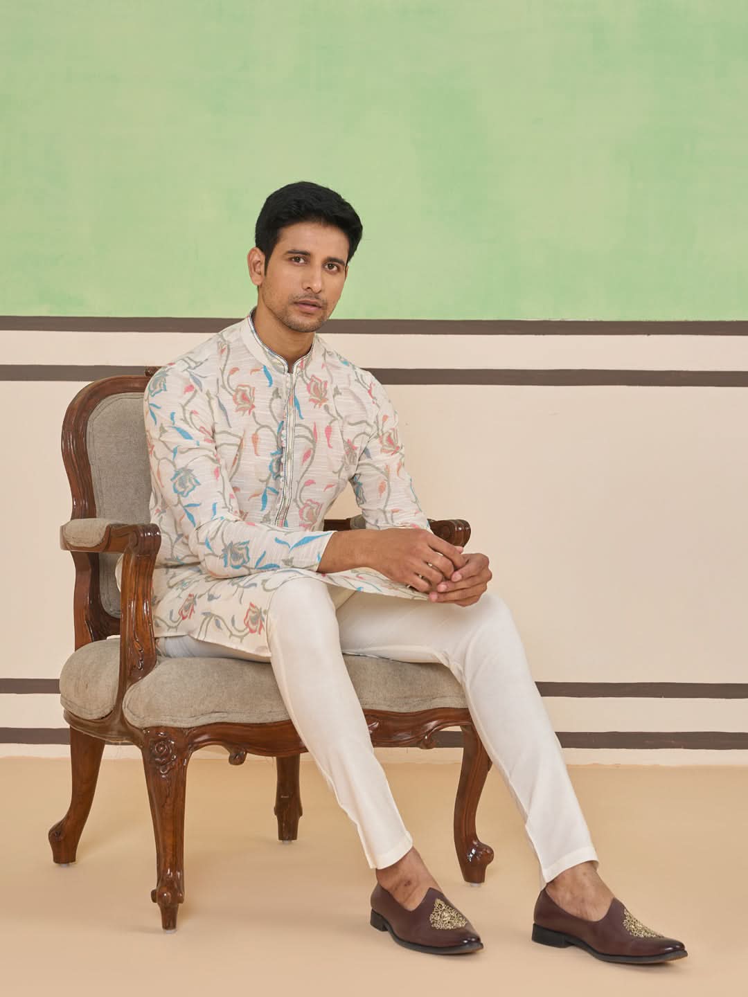 Cream Self Textured Kurta Set
