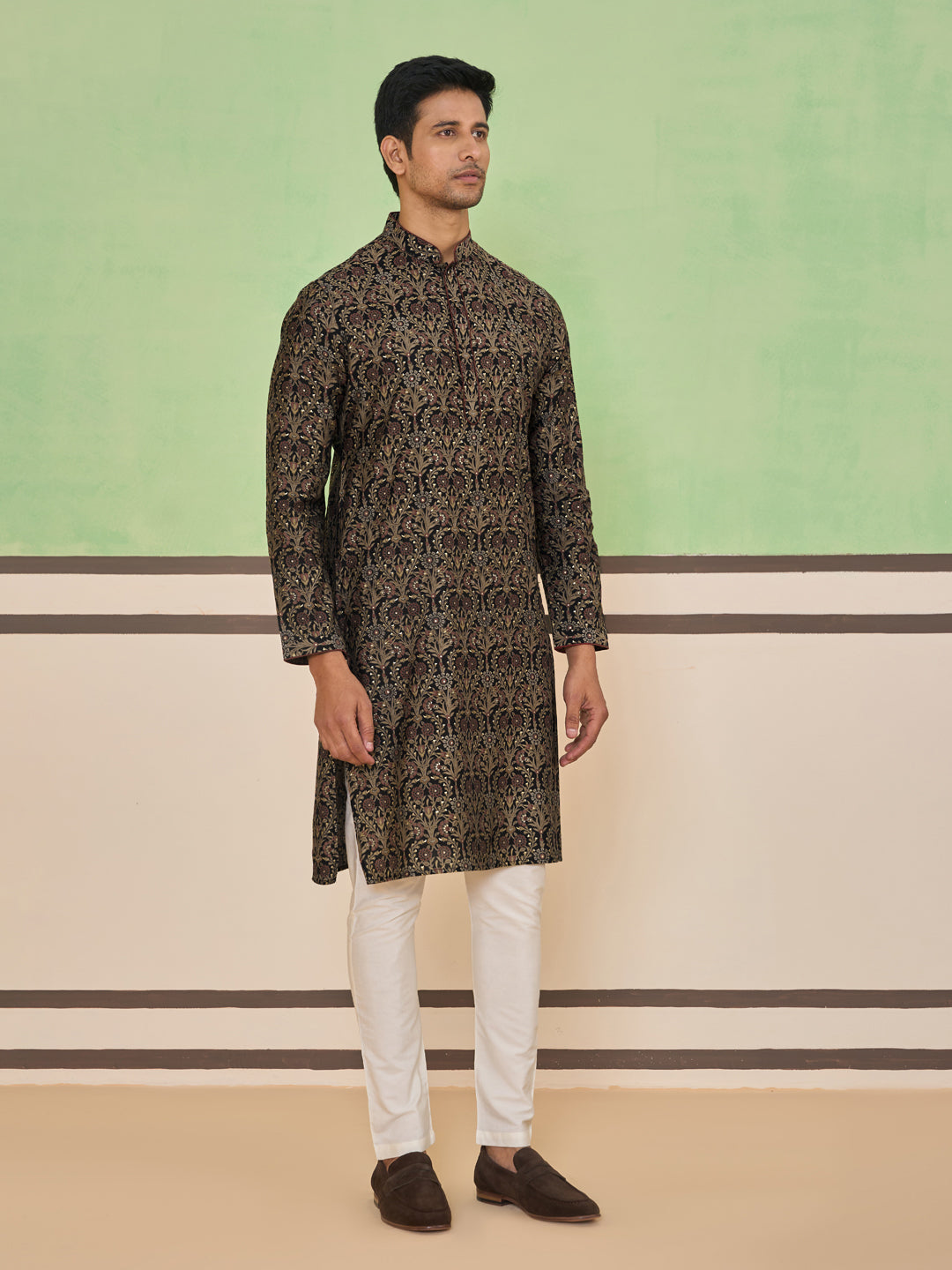 Midnight Black Floral Motif Classic Kurta Set