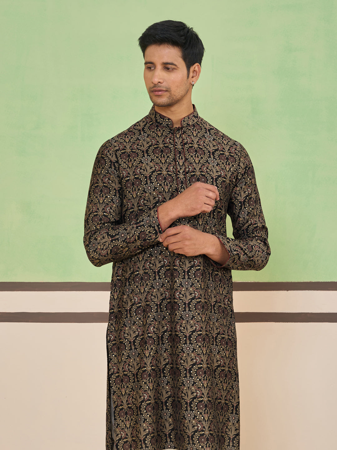 Midnight Black Floral Motif Classic Kurta Set