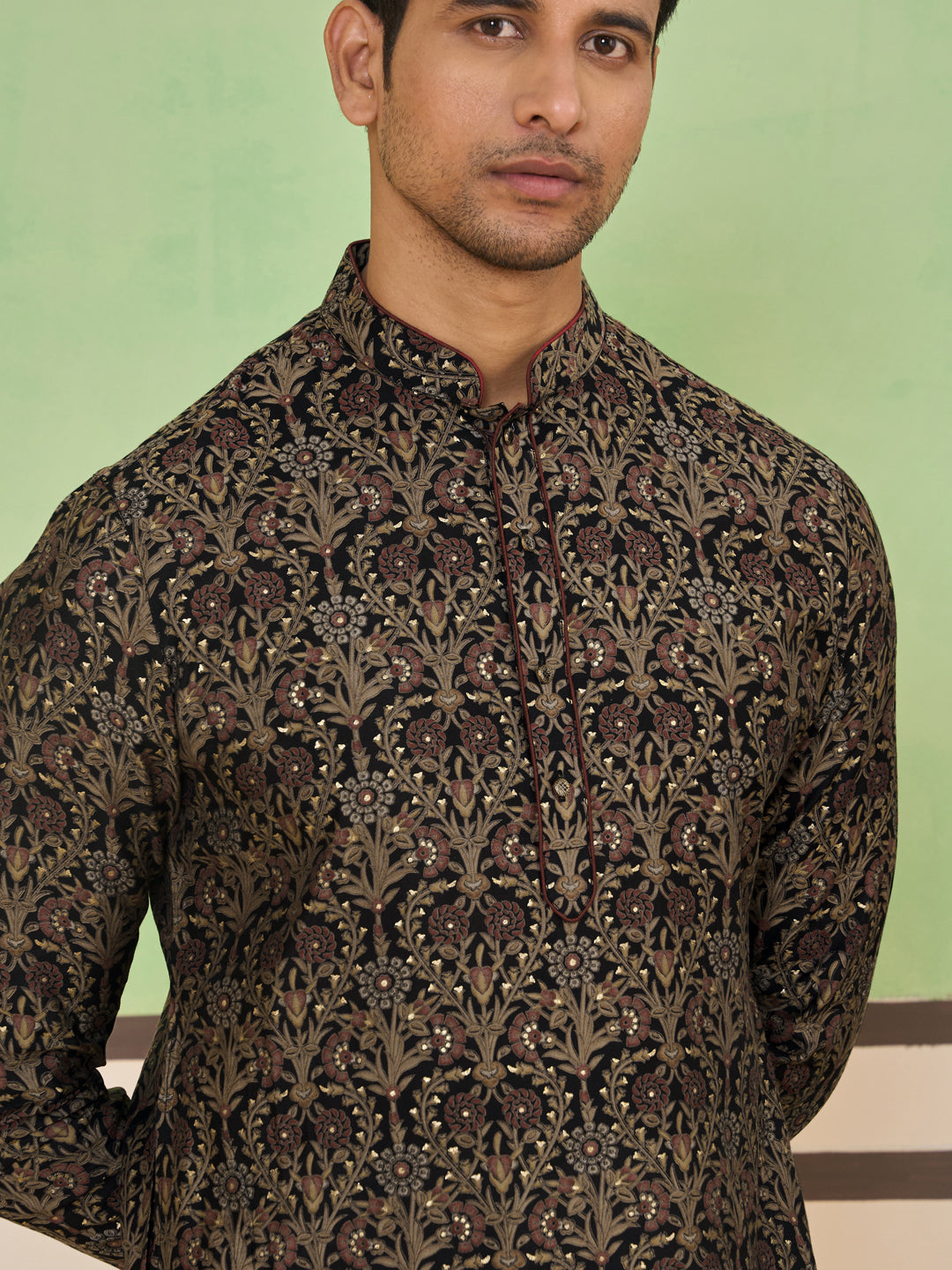 Midnight Black Floral Motif Classic Kurta Set