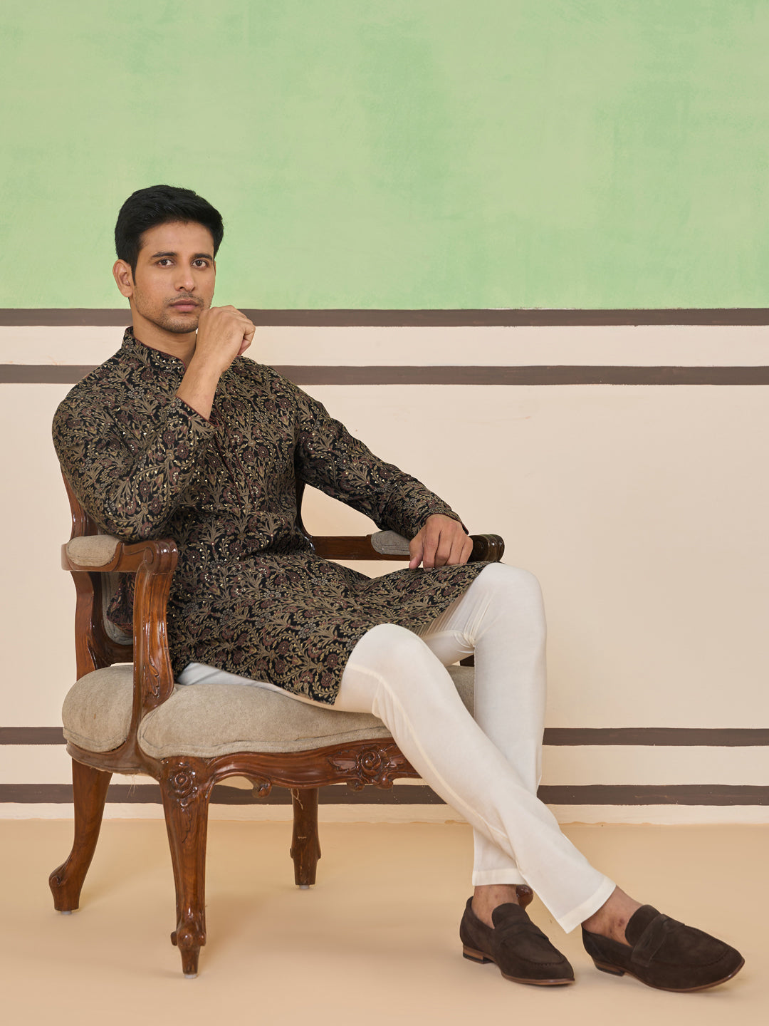 Midnight Black Floral Motif Classic Kurta Set